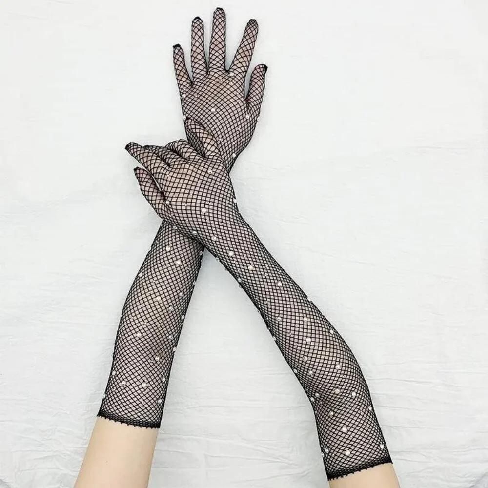 Women's A-Mesh-‌Black Rhinestone Sparkly Elbow Length Gloves Halloween Costumes
